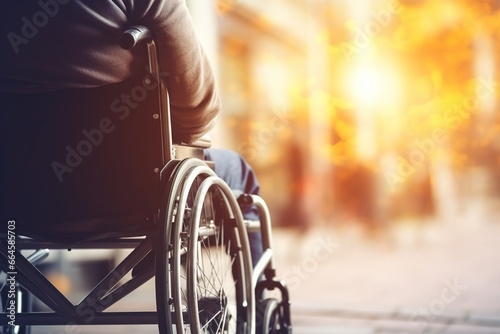 Man in wheelchair with physical disability mobility disorder. Close-up with copy space. 