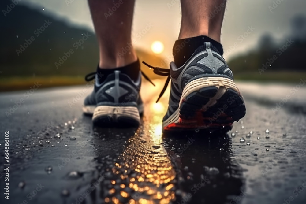 Runner feet running on road closeup on shoe. Man fitness jog workout. Wellness concept Runner feet running on road closeup on shoe. Man fitness jog workout. Wellness concept