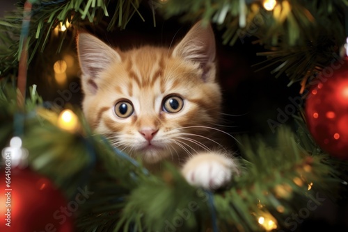 Cat Christmas Tree. Adorable Kitten Festively Posing Among Holiday Decor in a Christmas Tree