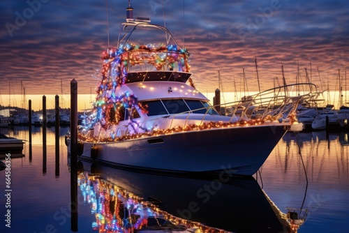 Christmas Boating: Festive Night Lights on a Decorated Harbor Boat in a Serene Water Landscape © Alona