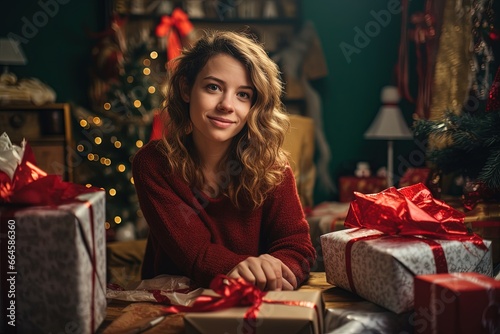 Young woman wrapping gifts for Christmas. © Bargais