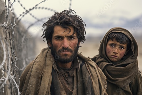 Portrait of Afghanistan refugees in front of barbed wire border and forest in cold day.