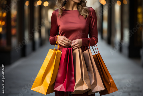 hands of a young woman holding several shopping bags.sales and holidays concept.  © Margo_Alexa