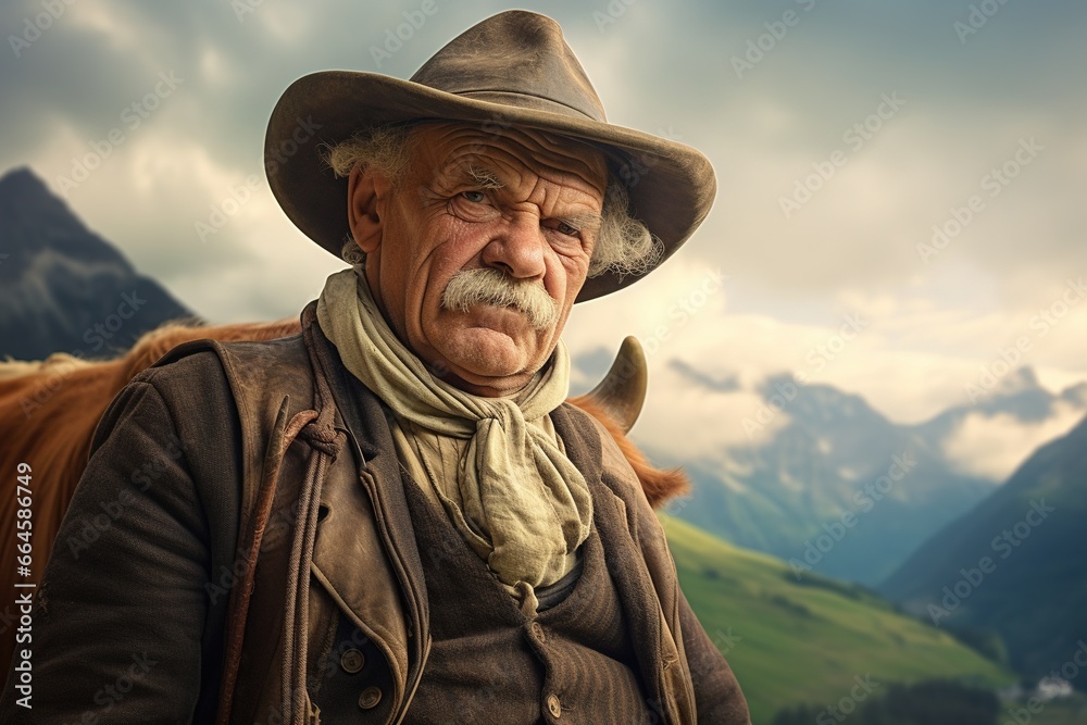 Old swiss farmer man with cow in the Alps.