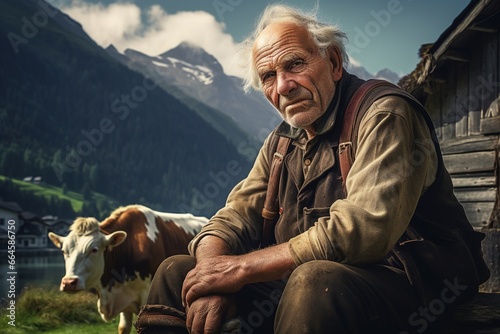 Old swiss farmer man with cow in the Alps.