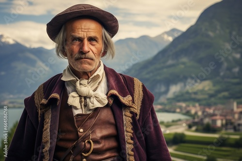 Old swiss man in the Alps wearing traditional swiss cultural clothing. 