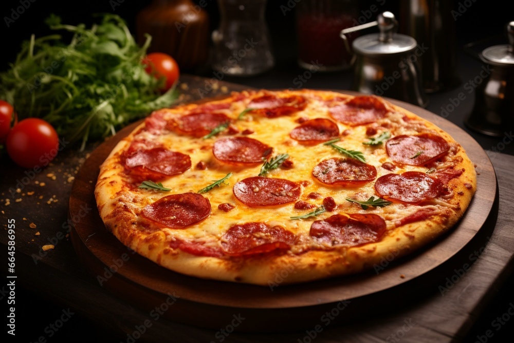 Delicious crispy cheese pizza with salami, tomato sauce. Generative AI