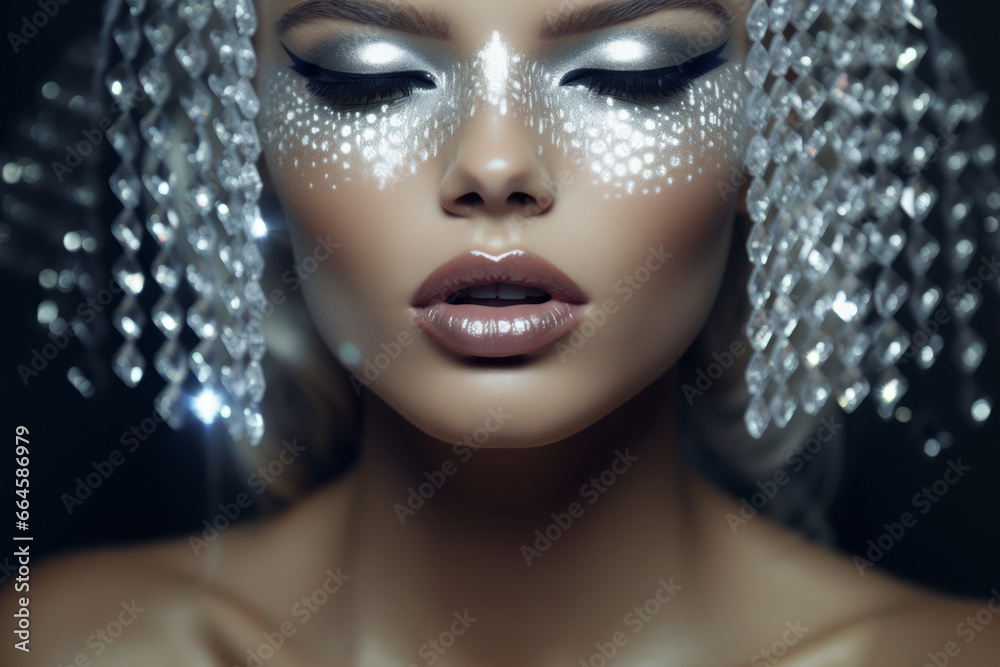 Portraite closeup of a young woman with creative metallic makeup and closed eyes. Luxury style. AI Generated Portraite closeup of a young woman with creative metallic makeup and closed eyes. Luxury style. AI Generated
