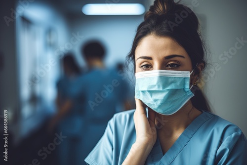 Portrait of tired young female doctor taking off medical face mask.