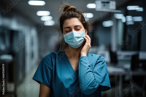 Portrait of tired young female doctor taking off medical face mask.