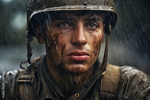 Portrait of World War II soldier under the rain. © Bargais