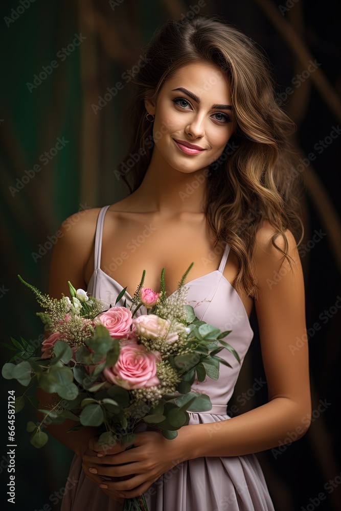 Pretty girl in bridesmaid dress and bouquet of flowers for wedding. Pretty girl in bridesmaid dress and bouquet of flowers for wedding.