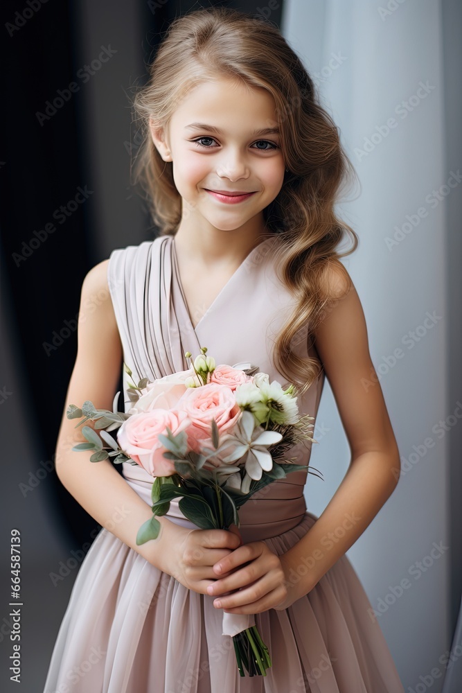 Pretty girl in bridesmaid dress and bouquet of flowers for wedding.
