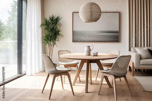 Chic interior design of modern scandinavian dining room with round wooden table.