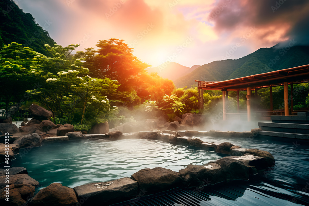 A hot spring in Japan. Spa treatments in Japanese style. Relaxation and jacuzzi. Body rest. - obrazy, fototapety, plakaty 