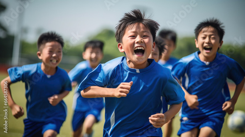 A group of excited Asian children playing soccer © PixelPaletteArt