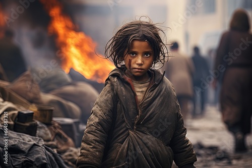 Refugee girl in crisis due to war.