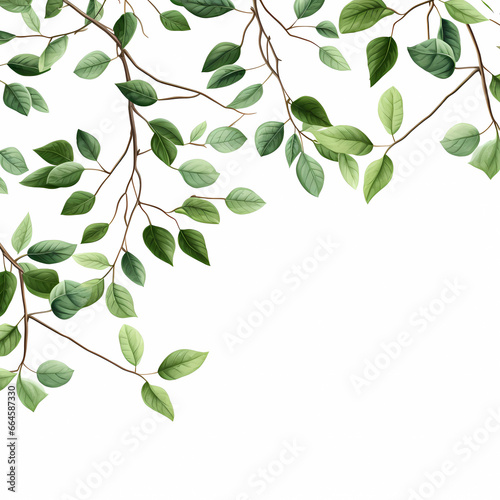 Corner frame of watercolor leaves on a branch. Tender branch with green leaves on a white background, isolated. Template for postcard, invitation, business card, banner, print