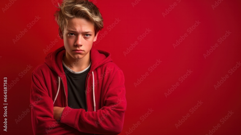 A brooding adolescent male, isolated on a crimson background, grappling with teenage angst, showcasing moments of uncertainty.
