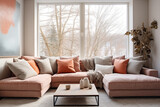 Cozy terra cotta fabric corner sofa near window. Scandinavian interior design of modern living room.