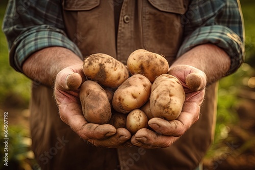 Farmer picks potatoes by hand in the field.