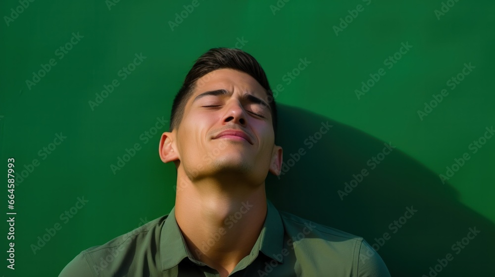 A contemplative young man, isolated on a green background, immersed in deep thought, showcasing moments of reflection. A contemplative young man, isolated on a green background, immersed in deep thought, showcasing moments of reflection.