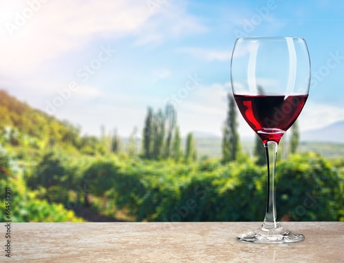 Glass of tasty alcohol wine on the hills