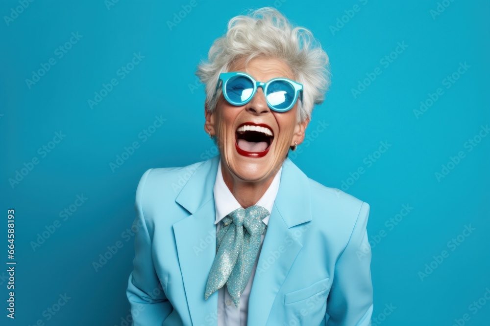 Mature woman wearing colorful suit smiling
