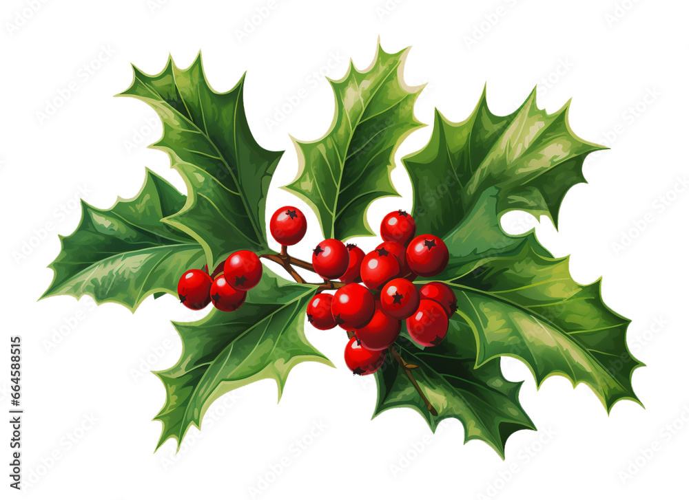 Christmas holly illustration on transparent background. Generative AI. Christmas holly illustration on transparent background. Generative AI.