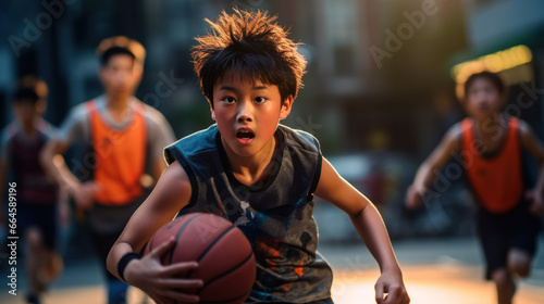 A group of excited Asian children playing basketball