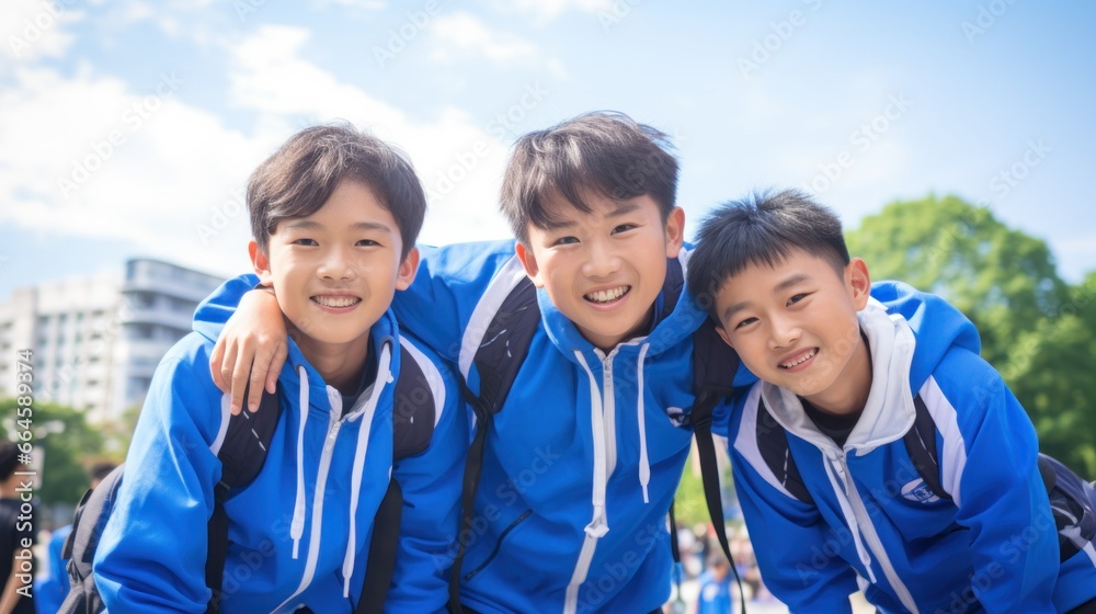 A group of Asian children sitting together in the schoolyard A group of Asian children sitting together in the schoolyard
