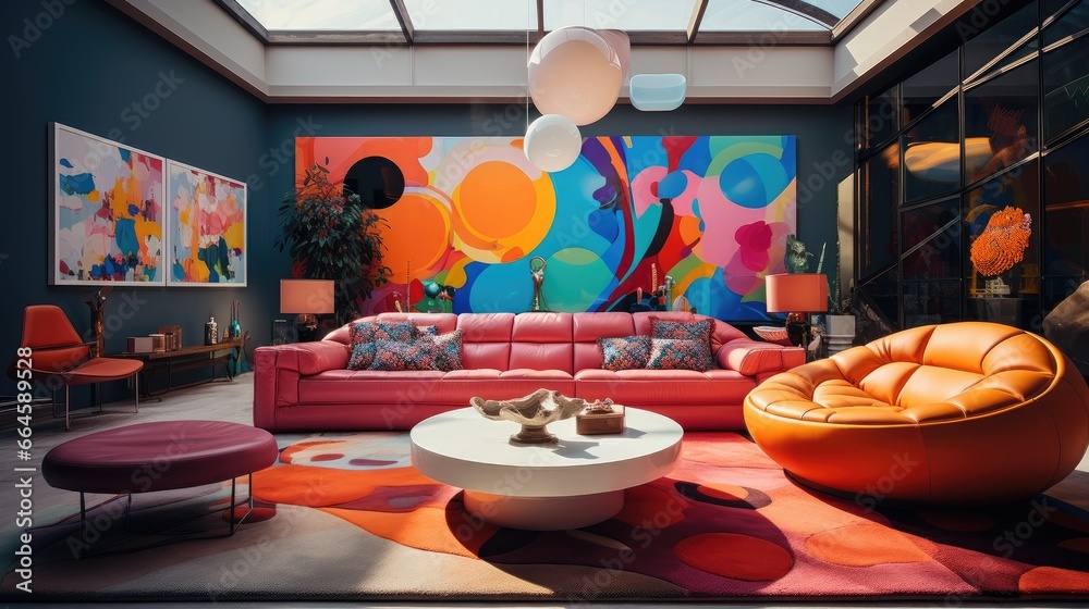 Interior of bright living room. Pop art living room. Modern interior of open space with design sofa, furniture, pillows and elegant personal acces