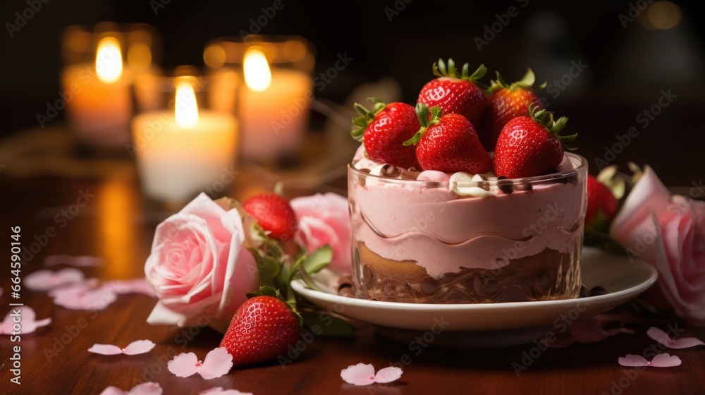 Dessert with cream and strawberries, romantic atmosphere with candles and roses Dessert with cream and strawberries, romantic atmosphere with candles and roses
