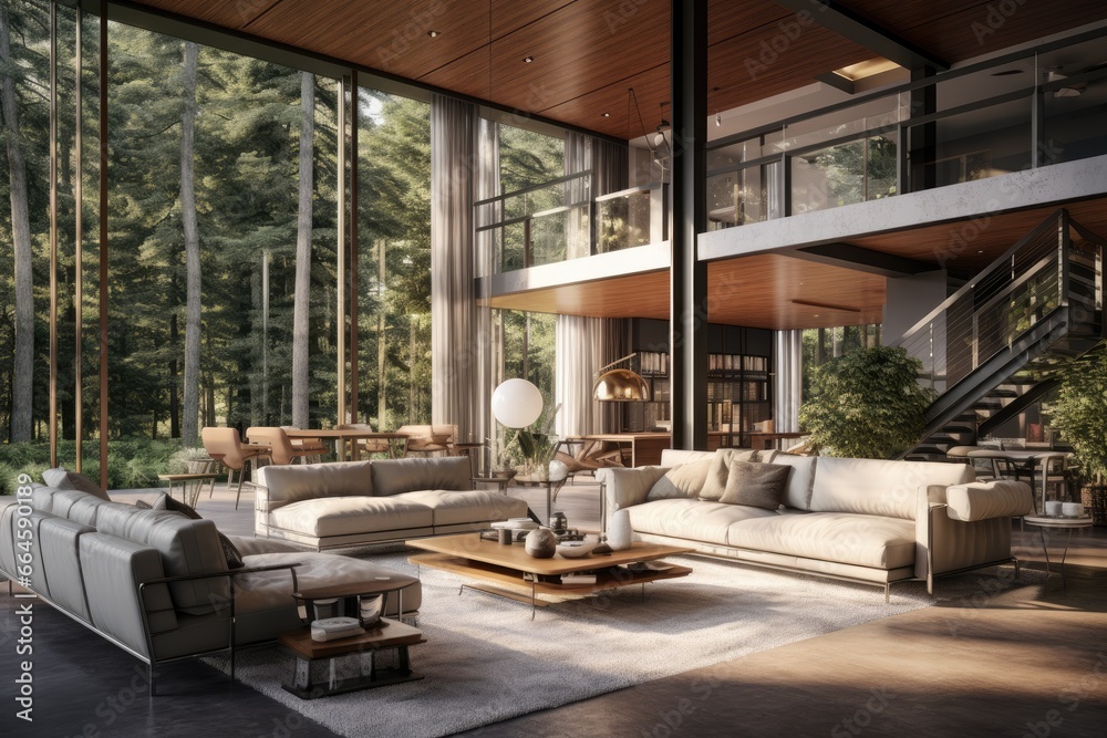 Comfortable Contemporary Living Space Amidst Nature: Luxurious Open-Concept Lounge with Expansive Forest Views and Dual-Level Design