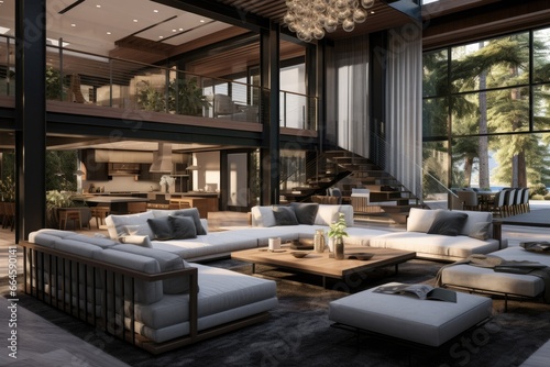 Multi-Level Living Area with High Ceilings, Contemporary White Sofas, Wooden Accents, and Expansive Glass Walls Revealing Verdant Trees