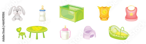 Baby Nursery and Infant Objects with Milk Bottle, Play Pen, Body, Bib, Table and Potty Vector Set
