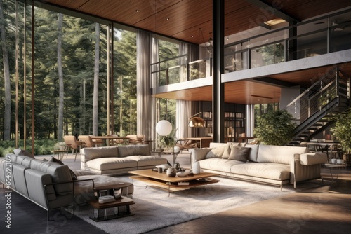 Comfortable Contemporary Living Space Amidst Nature: Luxurious Open-Concept Lounge with Expansive Forest Views and Dual-Level Design