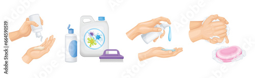 Cleaning and Disinfection Objects and Hands as Personal Hygiene and Care Vector Set