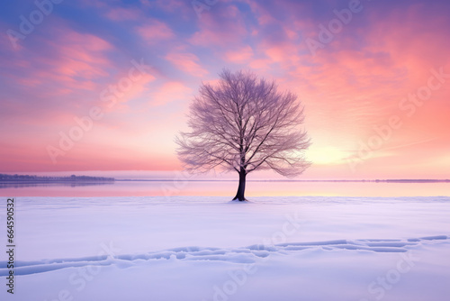 Winter landscape with frozen lake and lonely tree at sunset. Colorful sky.