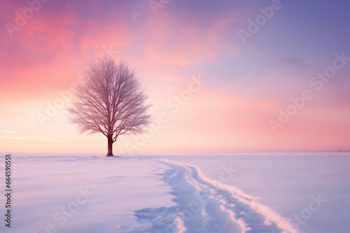 Beautiful winter landscape with lonely tree on snowy field at sunset.