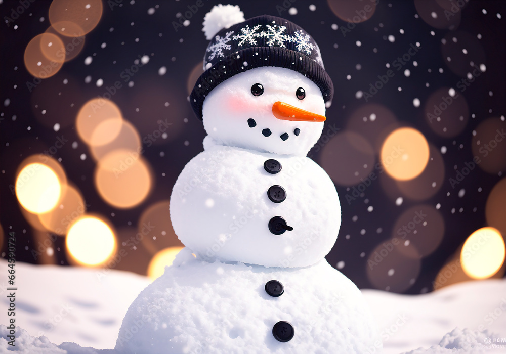 snowman on the background of a winter landscape at night