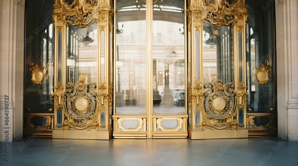 A grand entrance to a building with a pair of golden doors, reflecting opulence and luxury. generative AI - obrazy, fototapety, plakaty 
