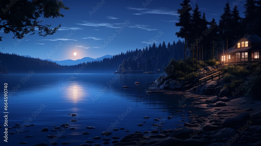 A peaceful lakeside view at twilight, with the water transitioning from royal blue to dark indigo.