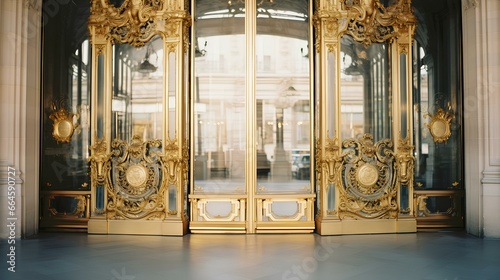 A grand entrance to a building with a pair of golden doors, reflecting opulence and luxury. generative AI