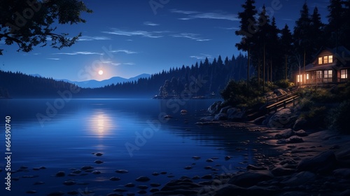 A peaceful lakeside view at twilight, with the water transitioning from royal blue to dark indigo. © Fahad