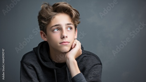 A pensive teenage boy, isolated on a grey background, lost in thought, showcasing moments of introspection.