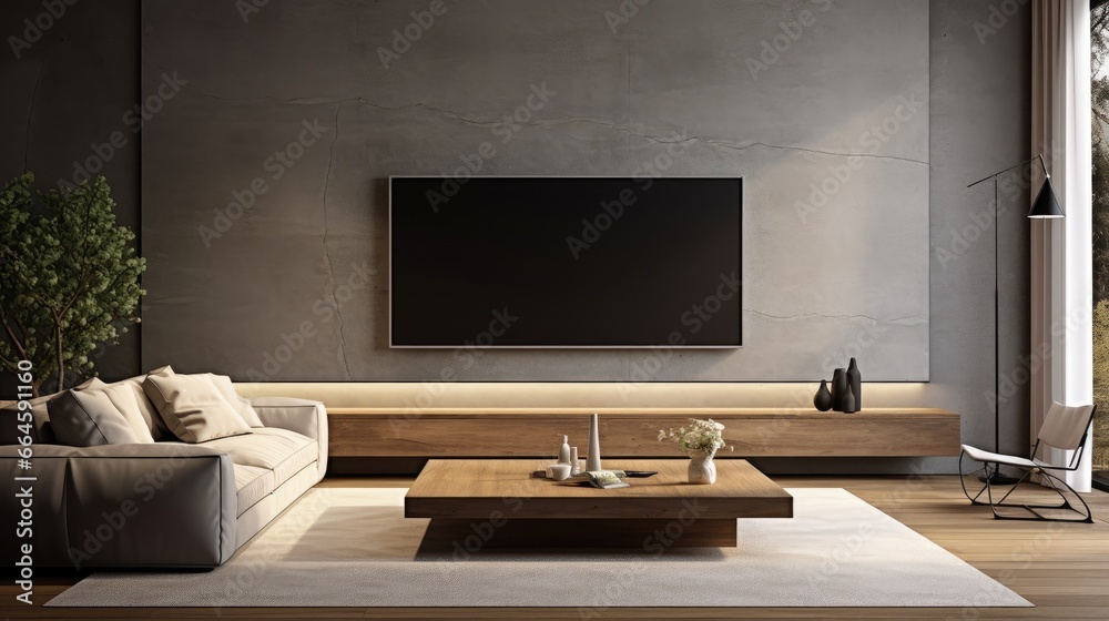 Living room led tv on grey concrete wall, empty interior Living room led tv on grey concrete wall, empty interior