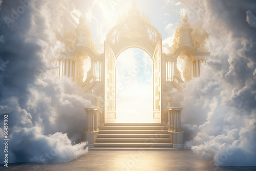 Stairway to heaven with golden doors and clouds.
