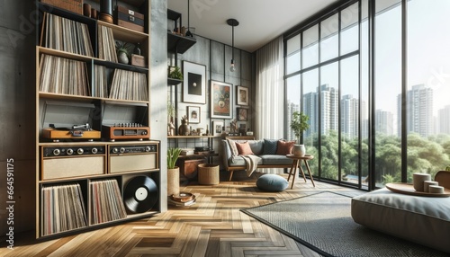 Hipster apartment featuring a mix of modern and retro designs. A record player corner stands out, with vinyl albums on display. Large windows flood the space with natural light.