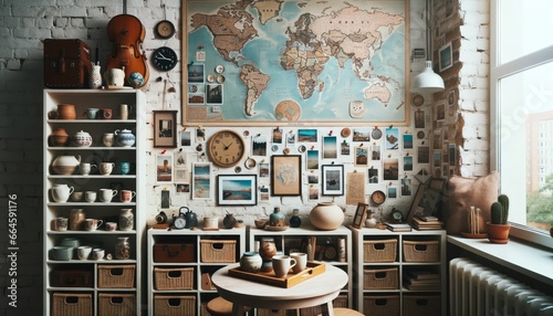 Hipster apartment with a travel theme. Shelves display mementos from around the world, from pottery to postcards. A world map on the wall invites guests to pin their favorite destinations. photo
